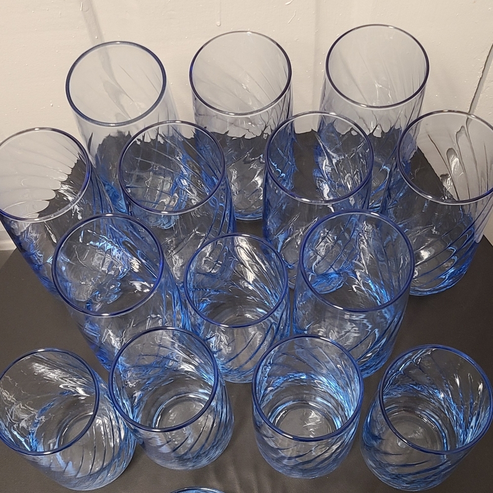 Libbey Mystic Blue Optic Swirl Tumbler Glasses Vintage SET of 14, 6"  and 5"